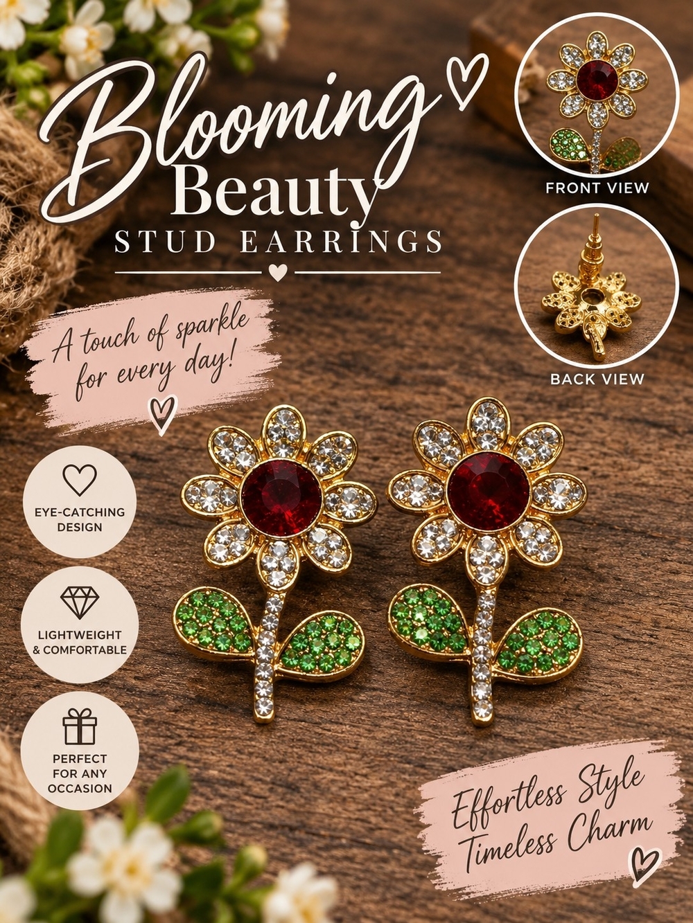 A92. Floral Red & Gold Flower Stud Earrings Like New